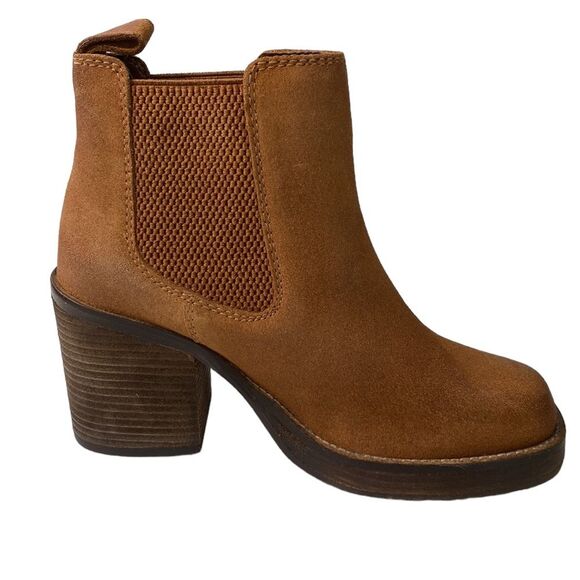 Diba Ser Eeta Suede Chunky Block Heel Boot in Cognac Square Toe Pull On Boho - Picture 3 of 14